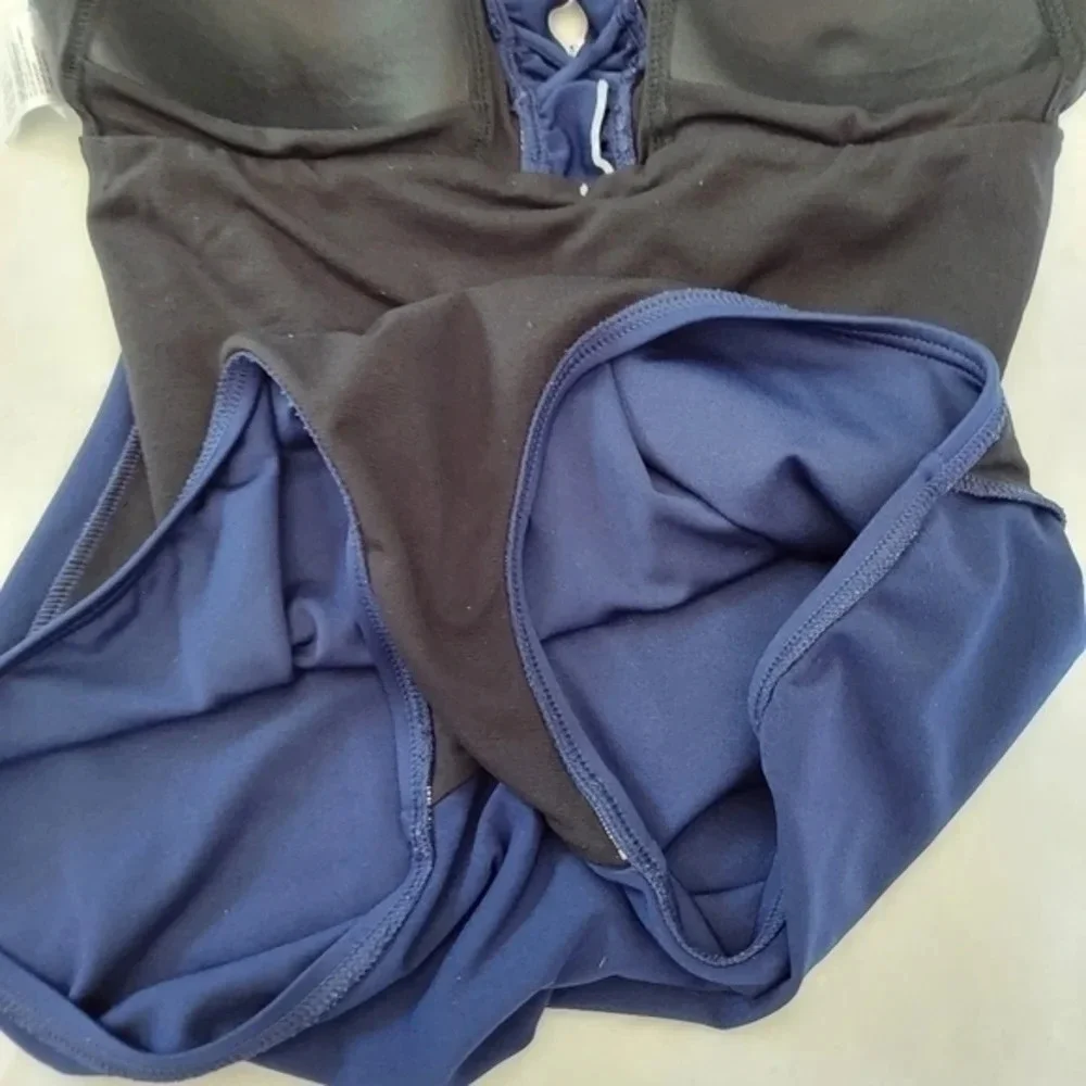 Vintage Gabar Navy Blue White Ruffled V Neck Swimsuit‎ with Adjustable St…